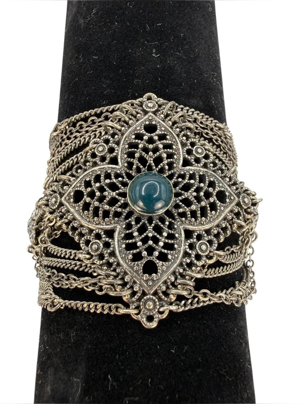Lucky Brand Vintage Silver Filigree Flower Cuff Bracelet with Teal Cabochon